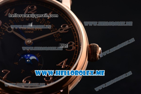 Patek Philippe Grand Complications Asia ST25 Automatic Rose Gold Case with Black Dial and Black Leather Strap Arabic Numeral Markers - Click Image to Close